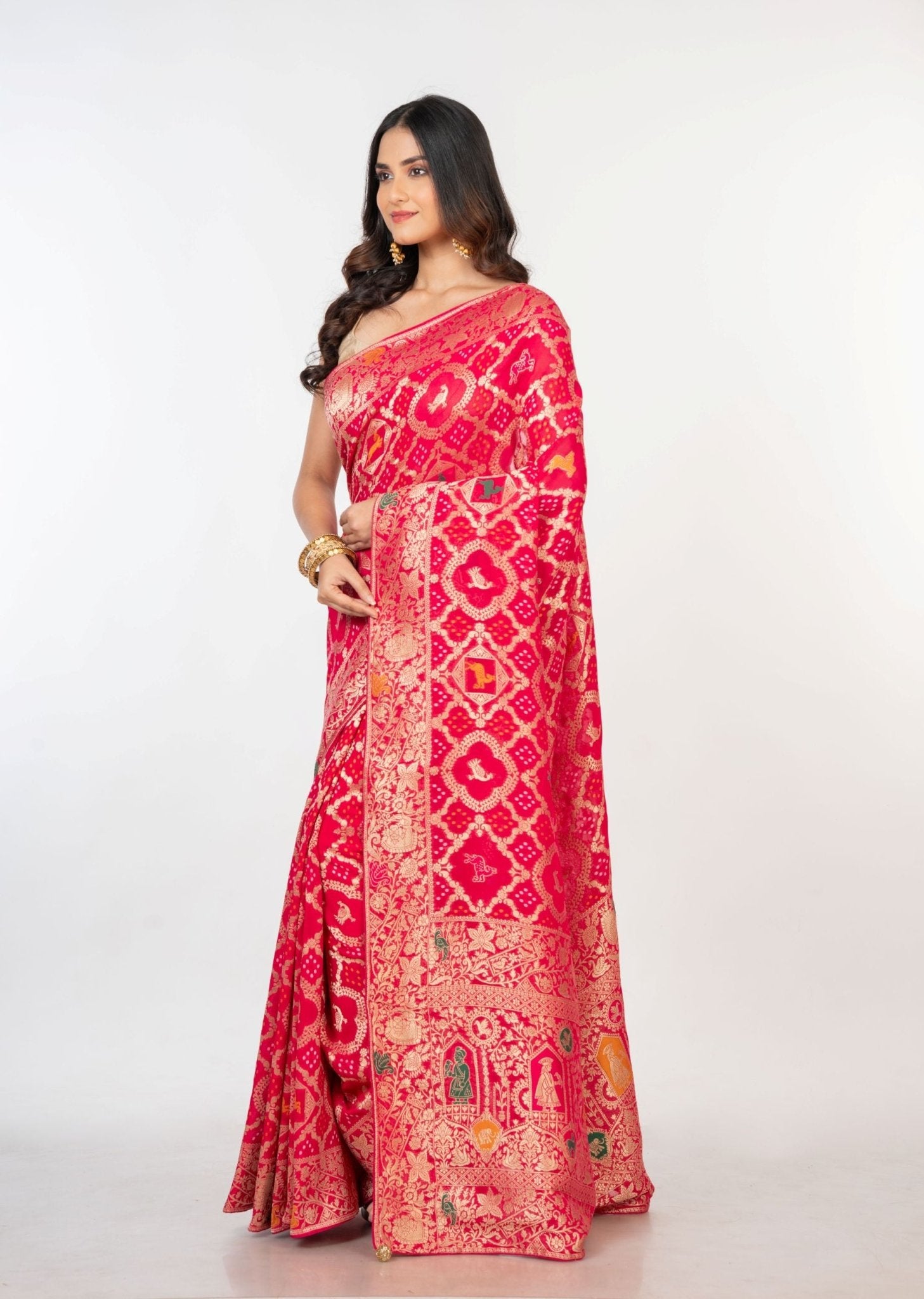 Pink khaddi Georgette Bandhani Saree With Gold Zari Woven - Anvi Couture