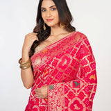 Pink khaddi Georgette Bandhani Saree With Gold Zari Woven - Anvi Couture