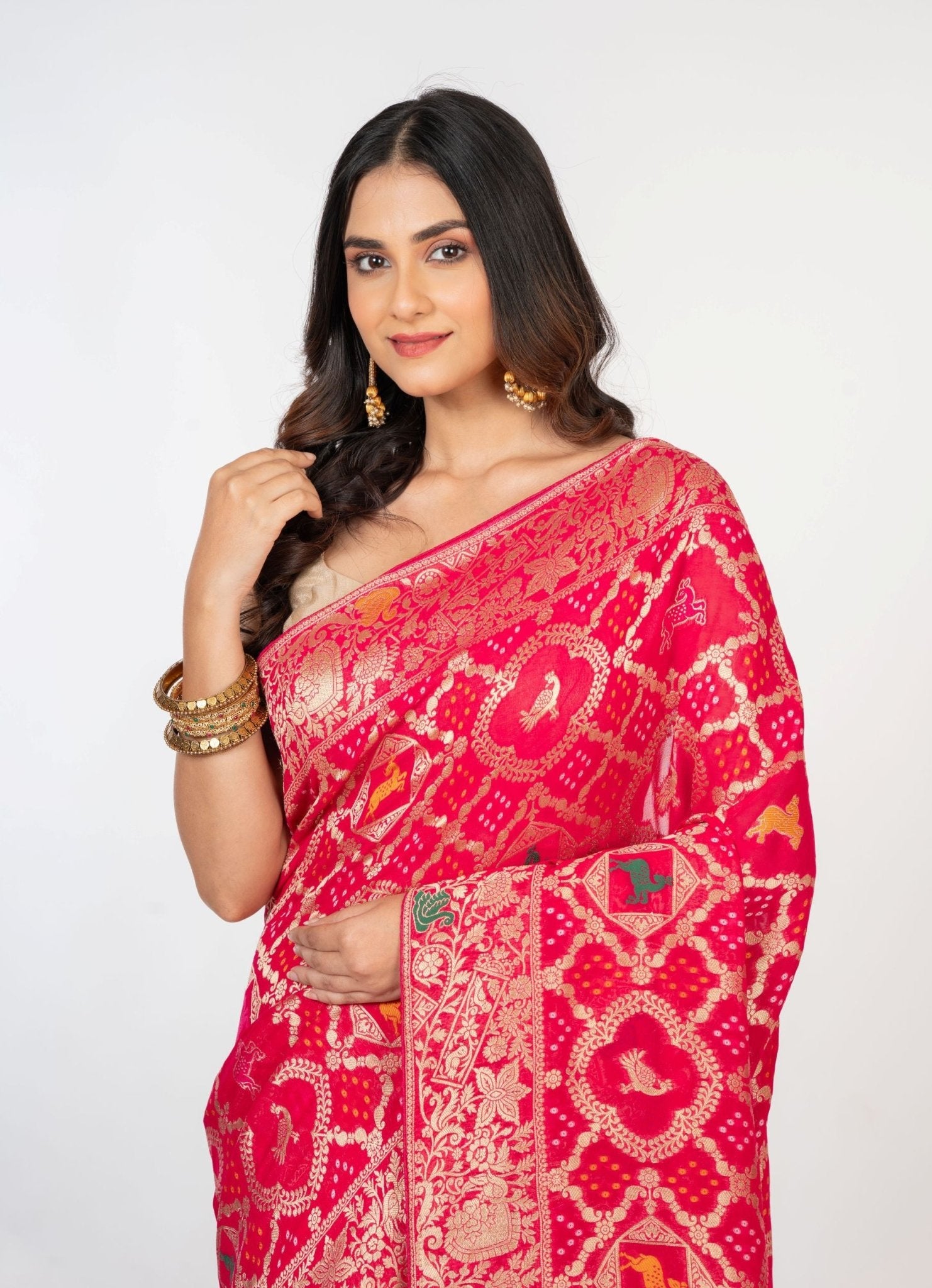 Pink khaddi Georgette Bandhani Saree With Gold Zari Woven - Anvi Couture