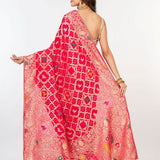 Pink khaddi Georgette Bandhani Saree With Gold Zari Woven - Anvi Couture