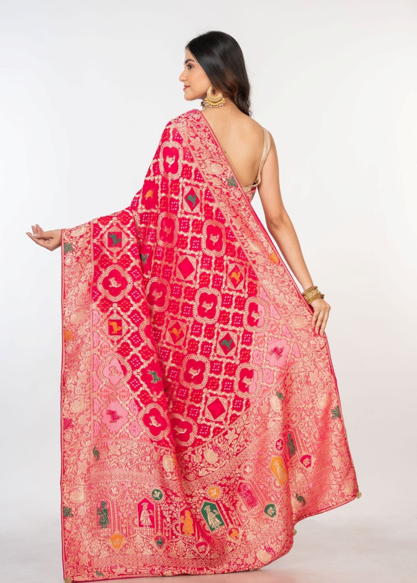 Pink khaddi Georgette Bandhani Saree With Gold Zari Woven - Anvi Couture