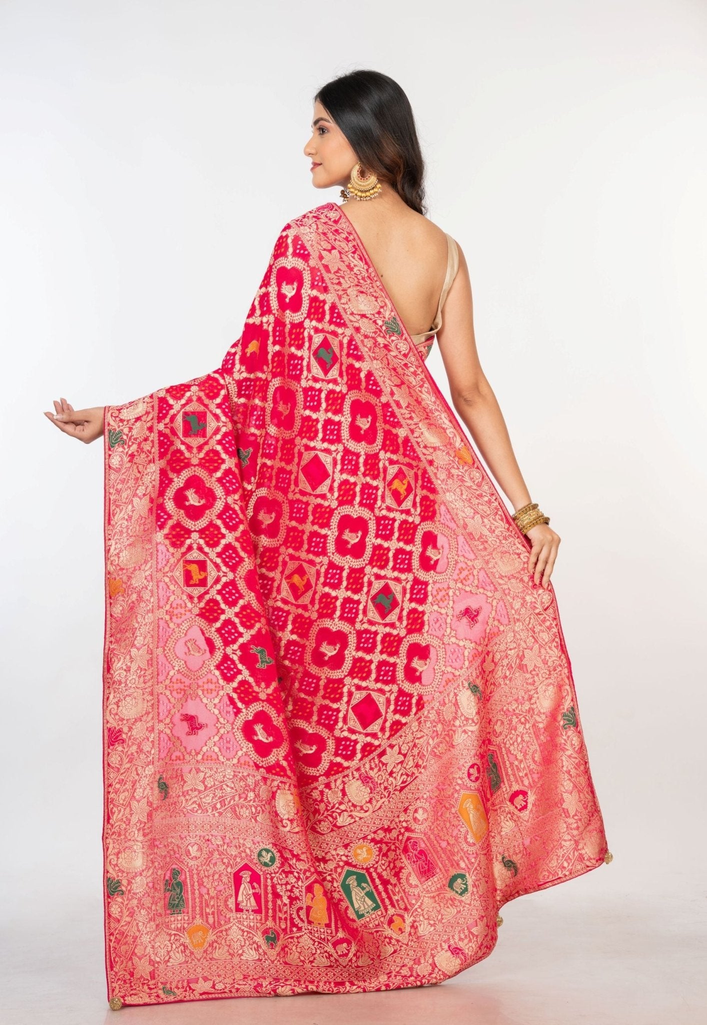 Pink khaddi Georgette Bandhani Saree With Gold Zari Woven - Anvi Couture