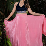 Pink lehenga set — close-up of blue velvet embroidered crop top neckline and sleeve detail - Front 2