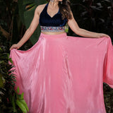 Pink lehenga set — close-up of blue velvet embroidered crop top neckline and sleeve detail - Front 2