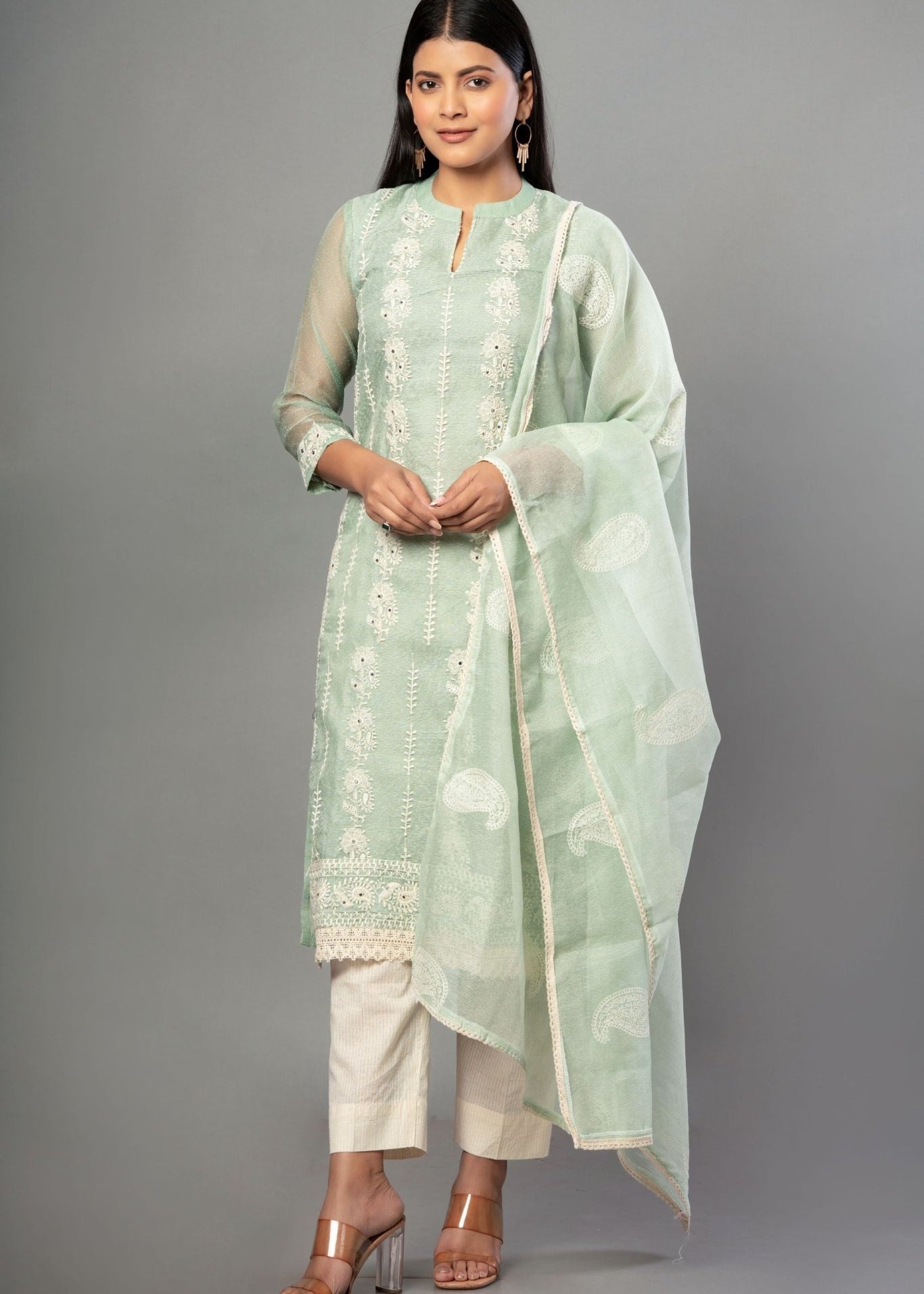 Pista Green Embroidered Kurti Set with Dupatta - Anvi Couture