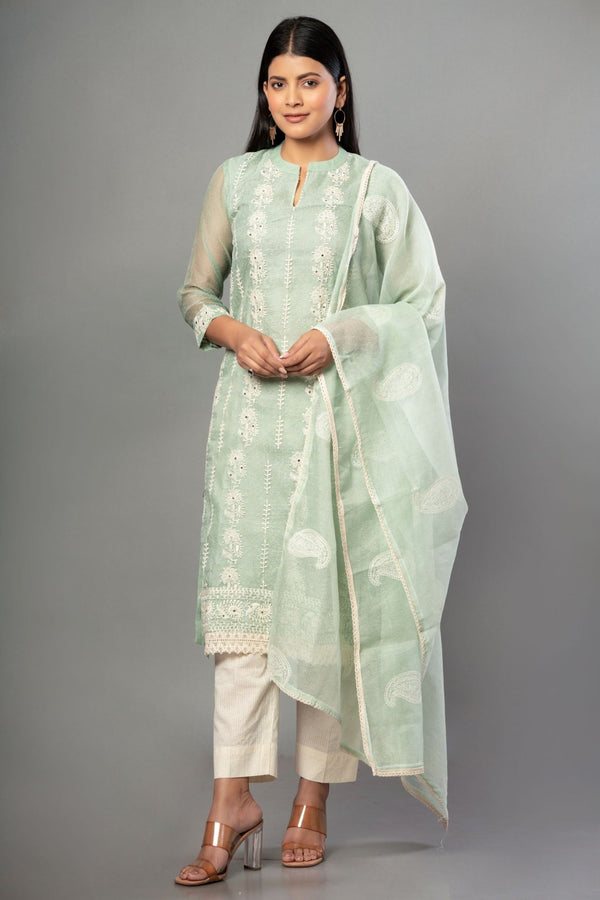 Pista Green Embroidered Kurti Set with Dupatta - Anvi Couture