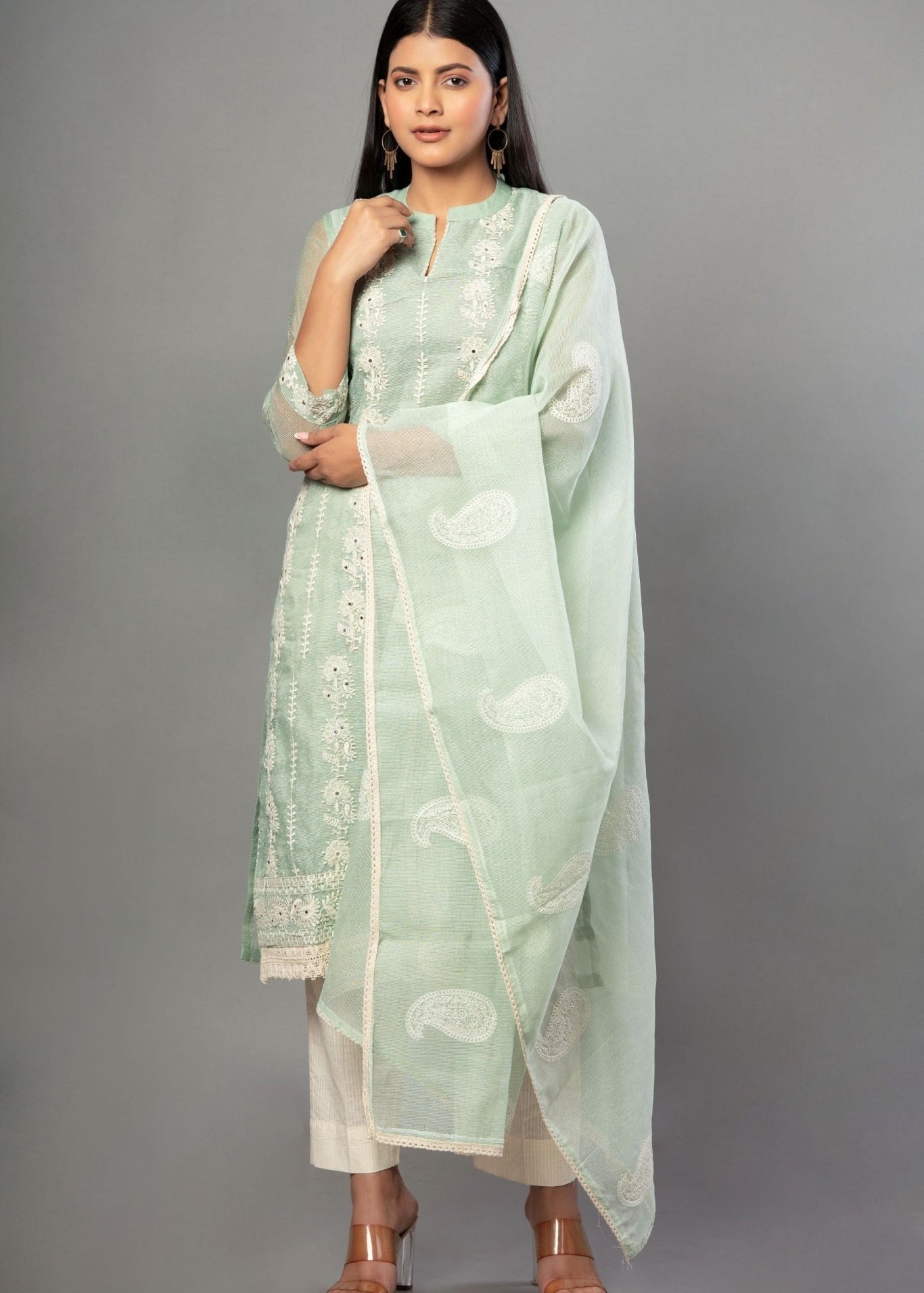 Pista Green Embroidered Kurti Set with Dupatta - Anvi Couture