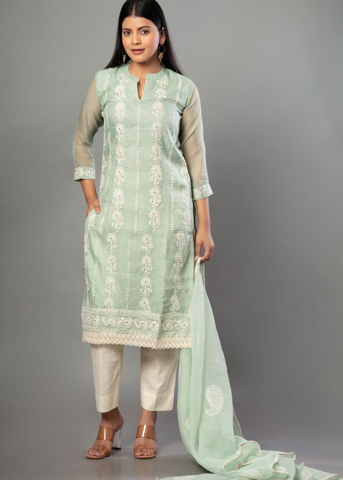 Pista Green Embroidered Kurti Set with Dupatta - Anvi Couture