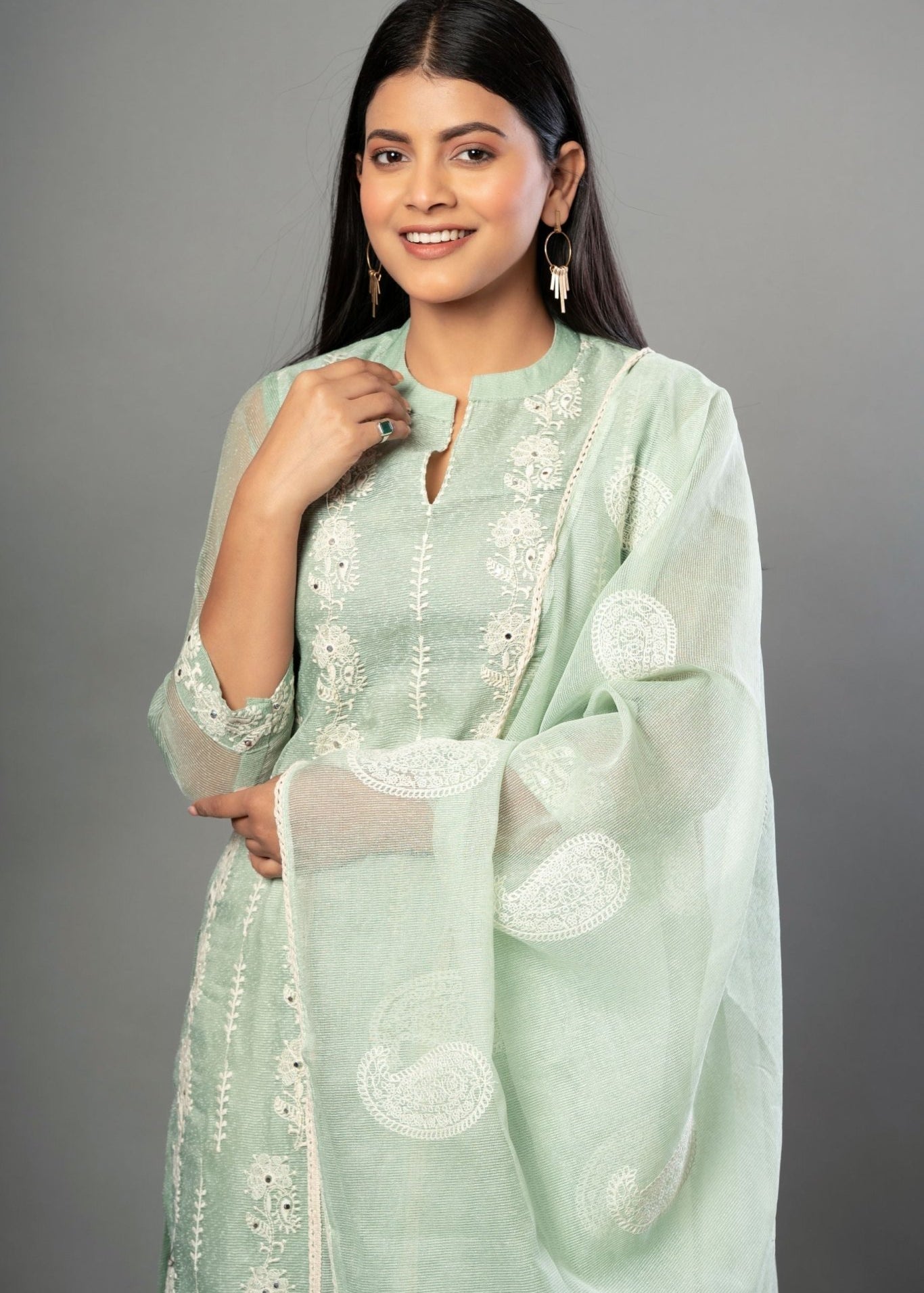Pista Green Embroidered Kurti Set with Dupatta - Anvi Couture