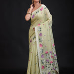 Pista Green Handloom Jamdani Saree with Floral Woven Full

