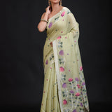 Pista Green Handloom Jamdani Saree with Floral Woven Full

