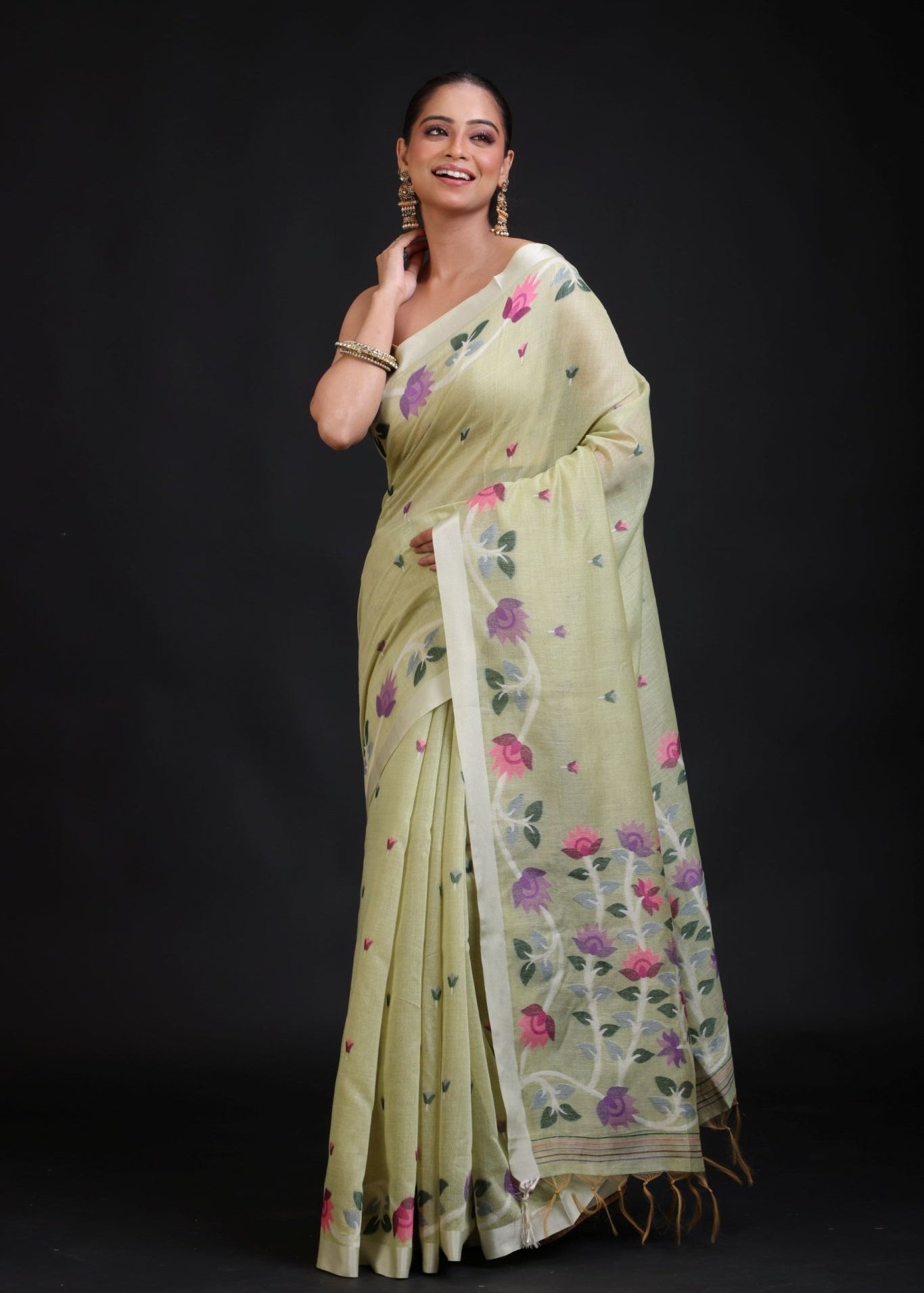 Pista Green Handloom Jamdani Saree with Floral Woven - Anvi Couture
