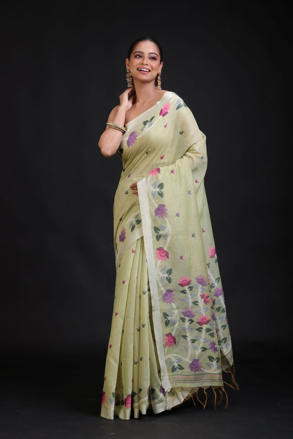 Pista Green Handloom Jamdani Saree with Floral Woven - Anvi Couture
