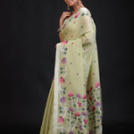Pista Green Handloom Jamdani Saree with Floral Woven Front


