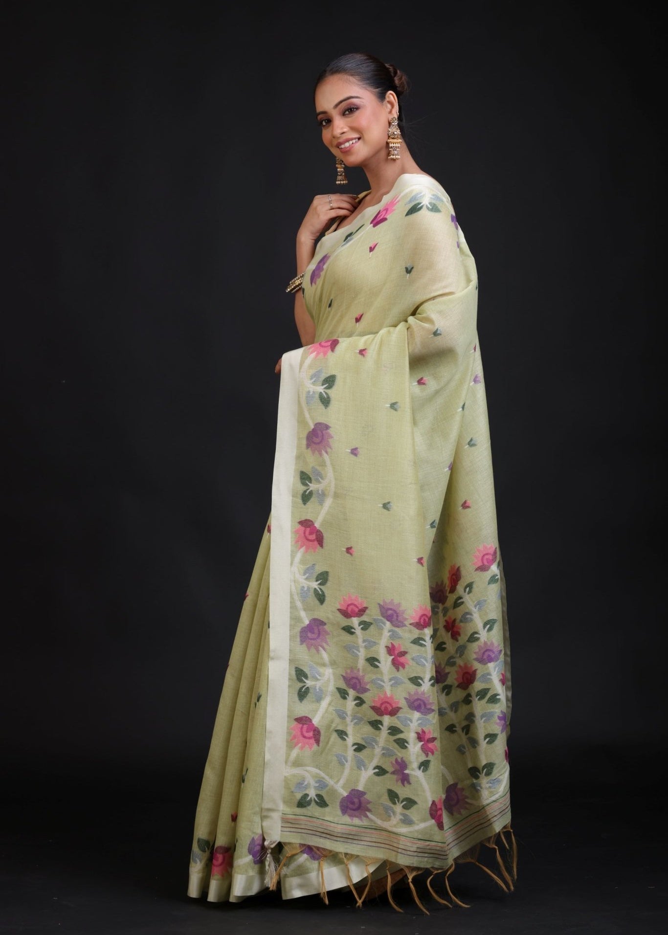 Pista Green Handloom Jamdani Saree with Floral Woven - Anvi Couture