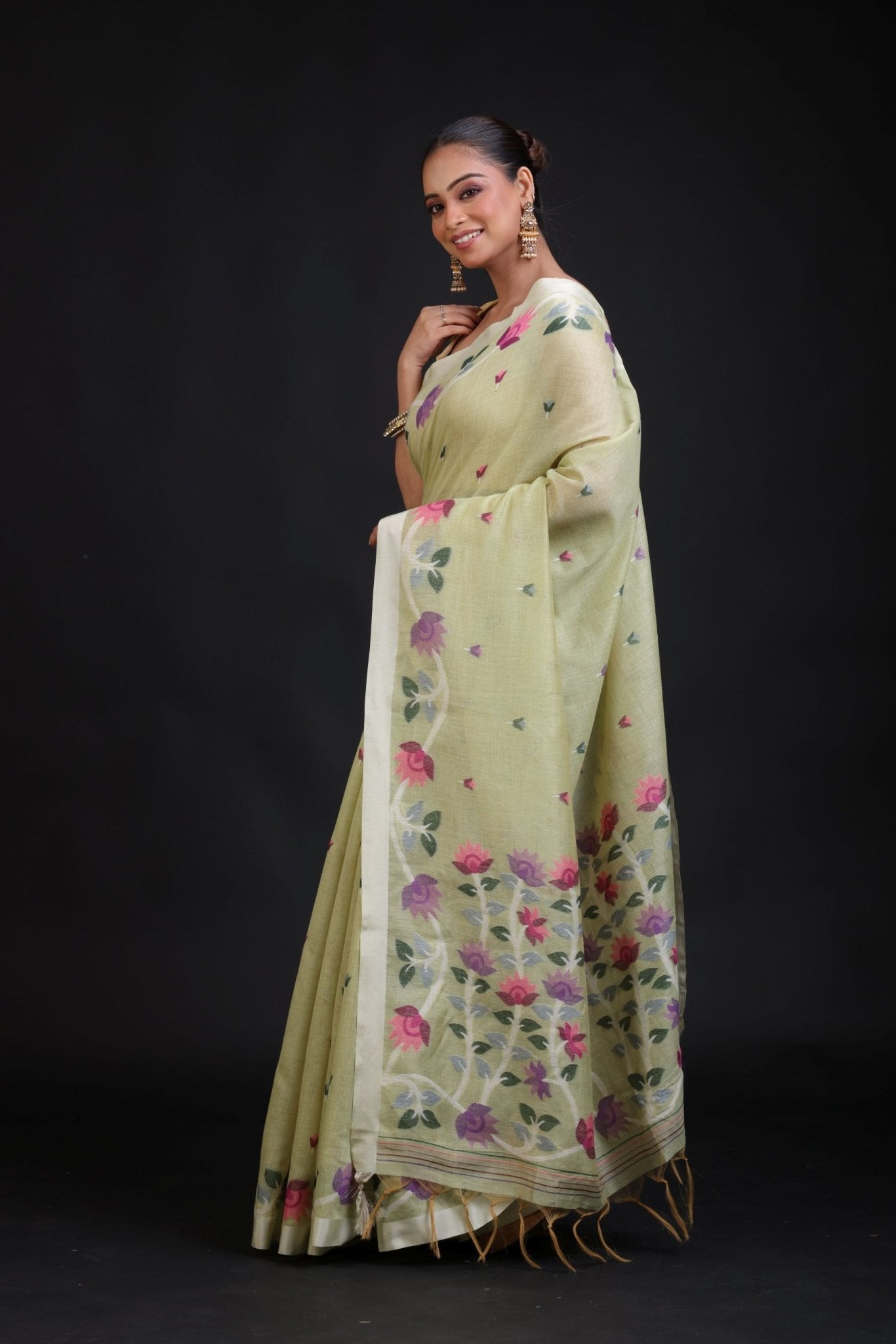 Pista Green Handloom Jamdani Saree with Floral Woven - Anvi Couture