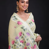 Pista Green Handloom Jamdani Saree with Floral Woven Close Up

