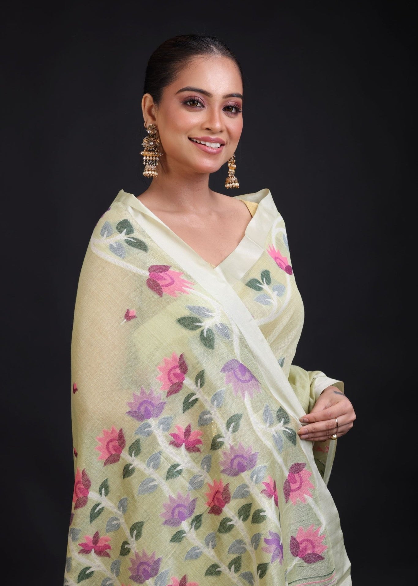 Pista Green Handloom Jamdani Saree with Floral Woven - Anvi Couture