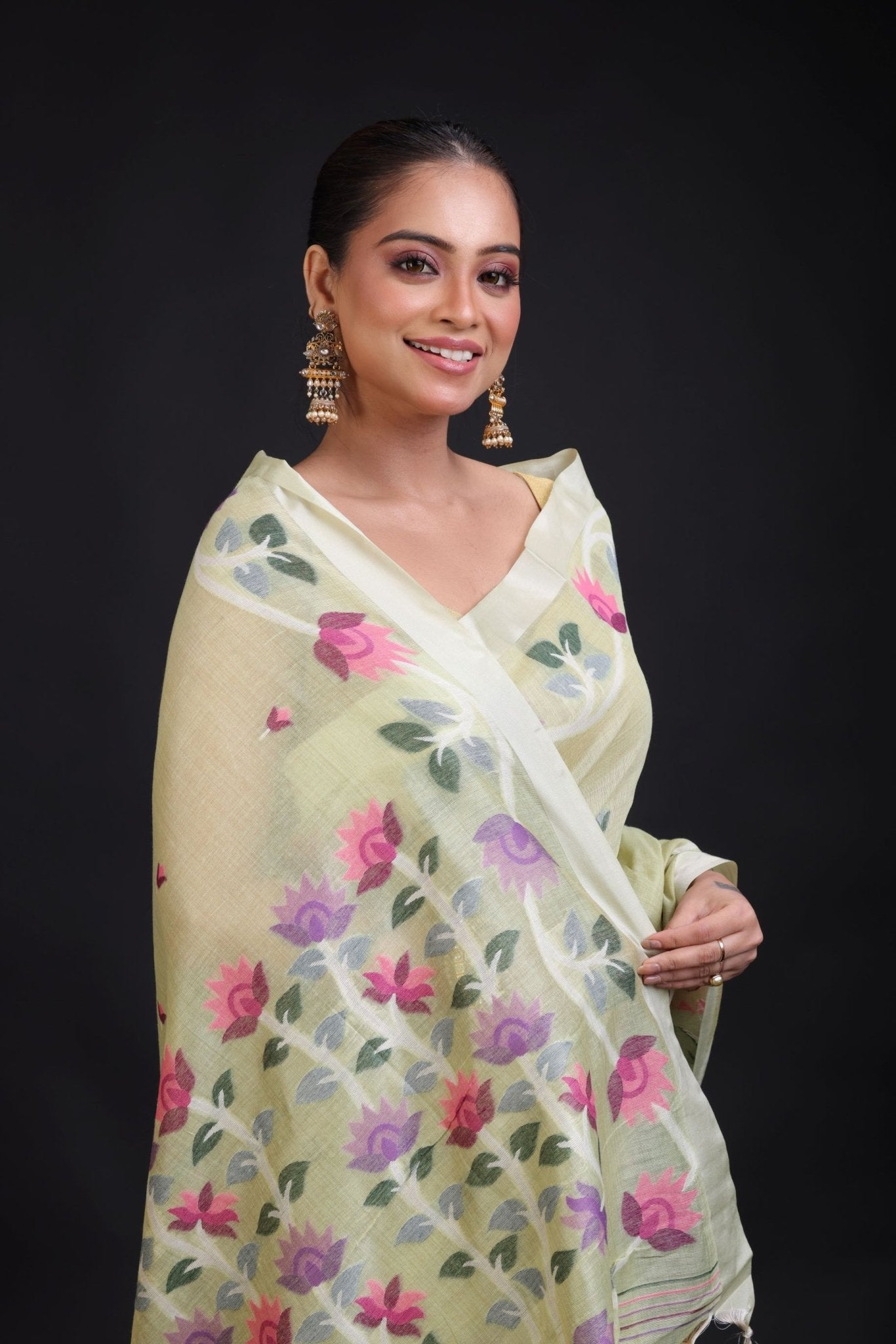 Pista Green Handloom Jamdani Saree with Floral Woven - Anvi Couture