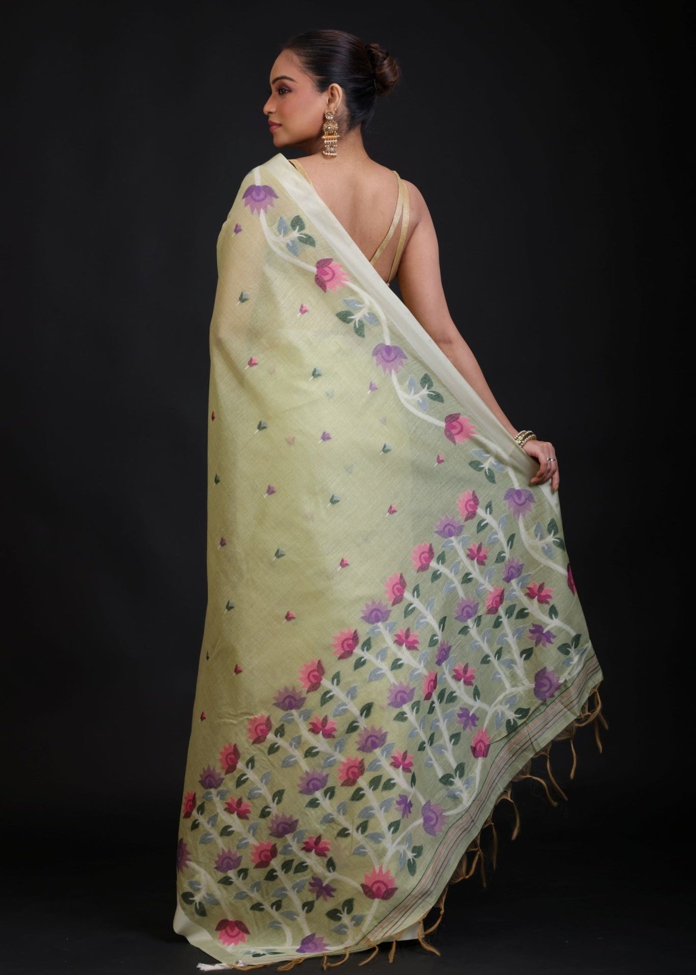 Pista Green Handloom Jamdani Saree with Floral Woven - Anvi Couture
