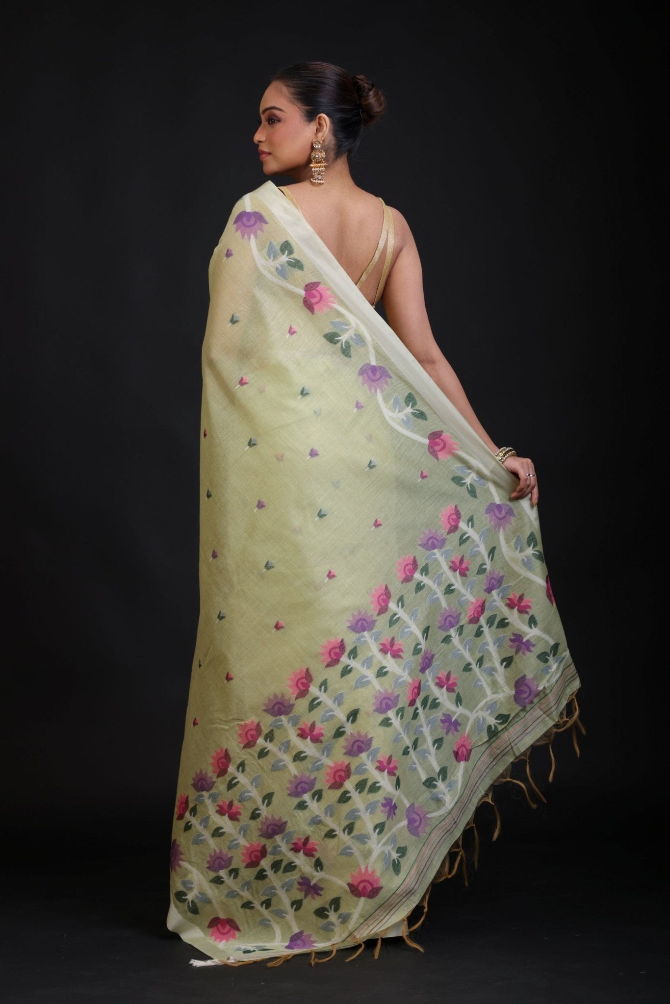 Pista Green Handloom Jamdani Saree with Floral Woven - Anvi Couture