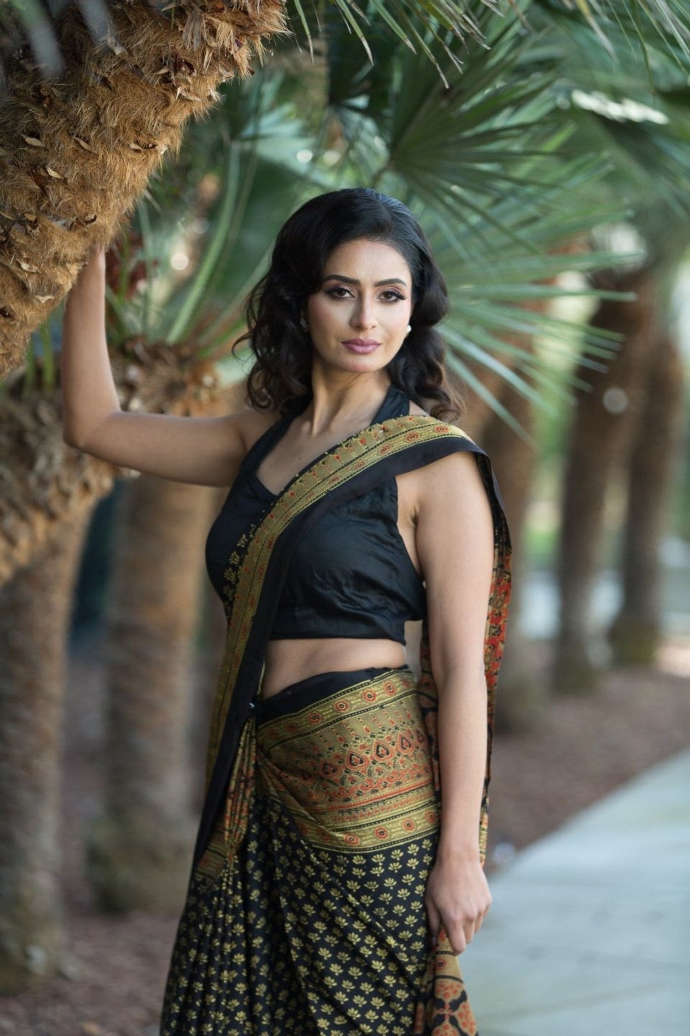 Printed Black Soft Ajrakh Saree - Anvi Couture