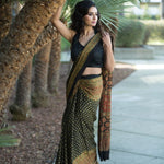 Printed Black Soft Ajrakh Saree - Anvi Couture