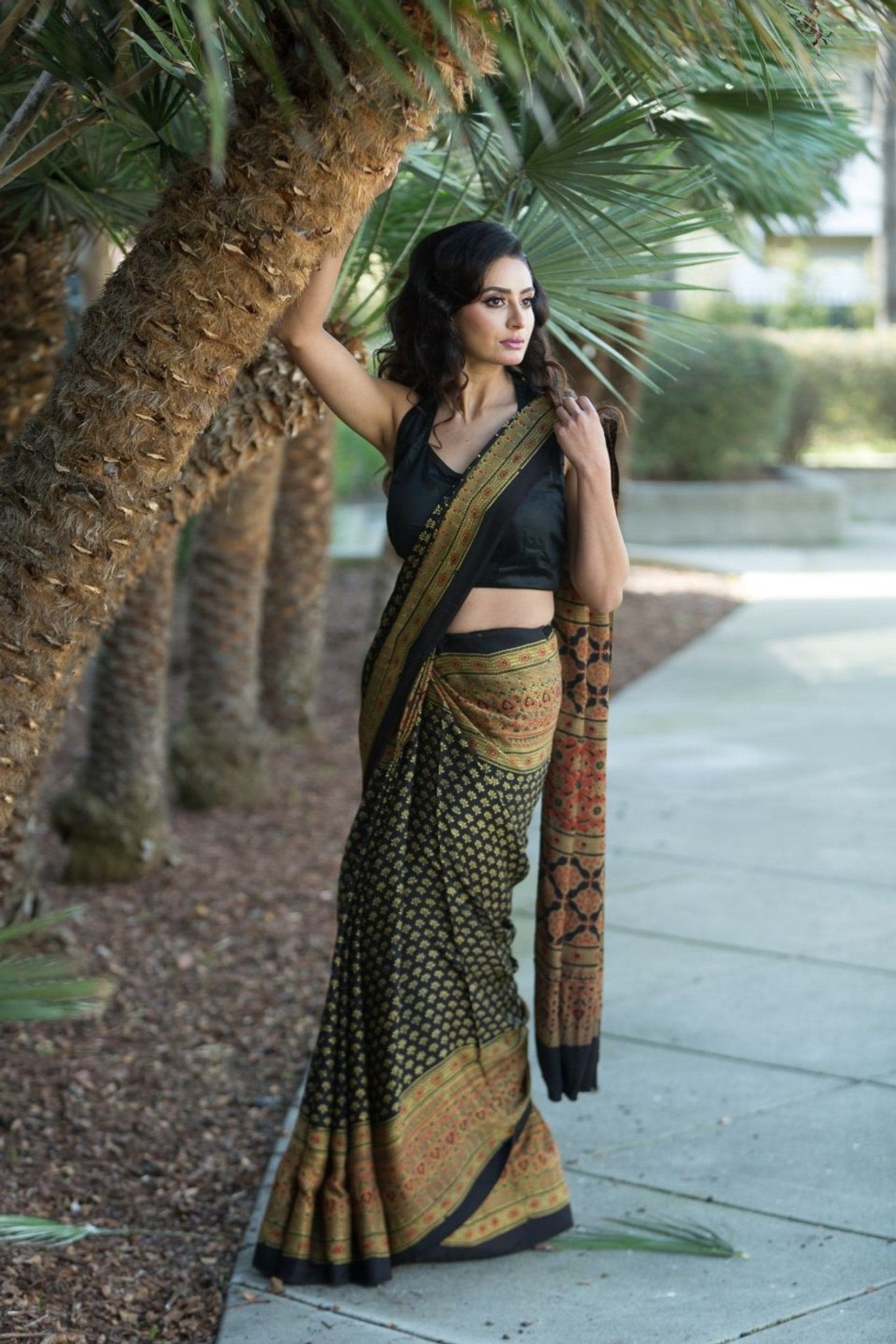 Printed Black Soft Ajrakh Saree - Anvi Couture