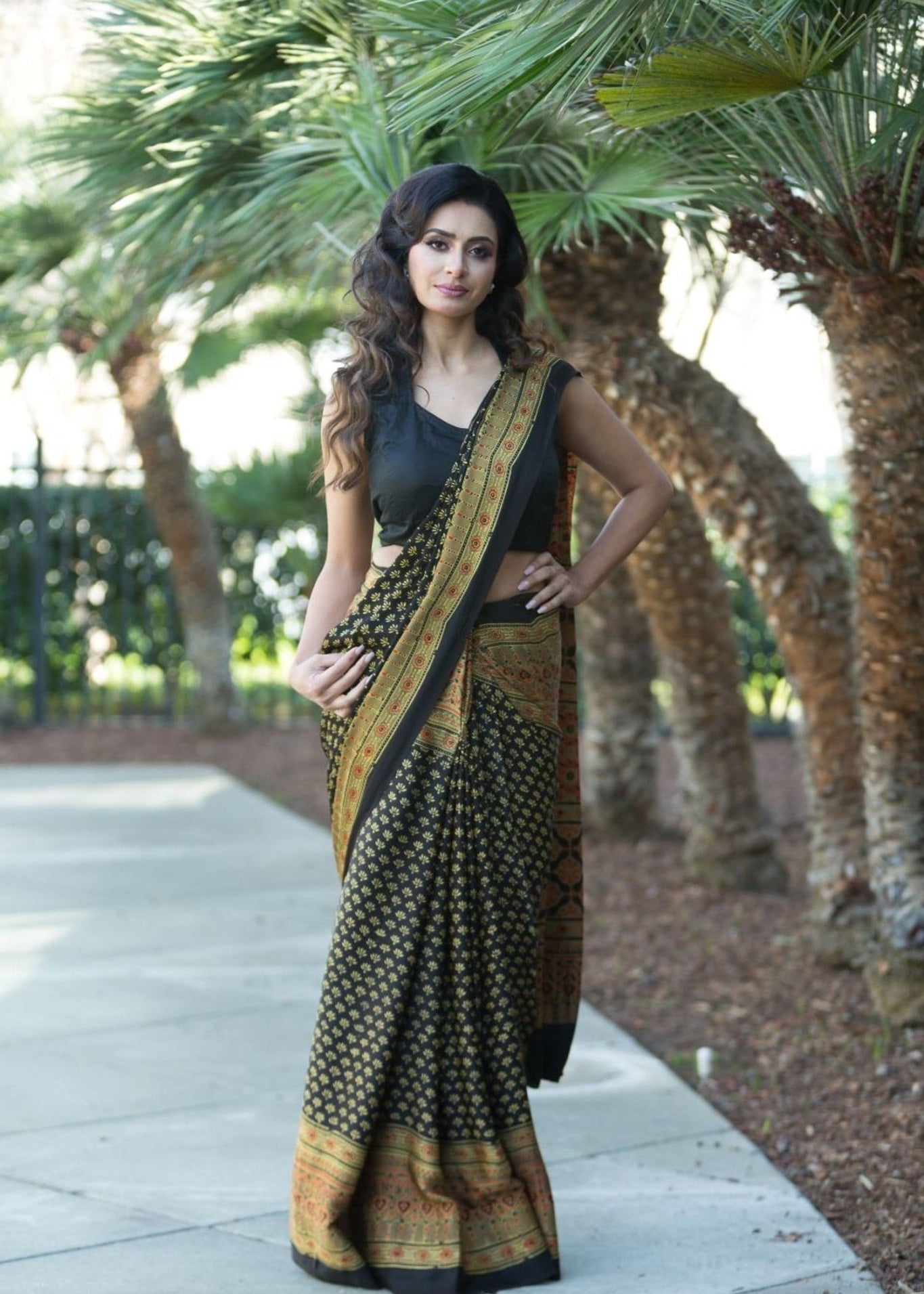 Printed Black Soft Ajrakh Saree - Anvi Couture