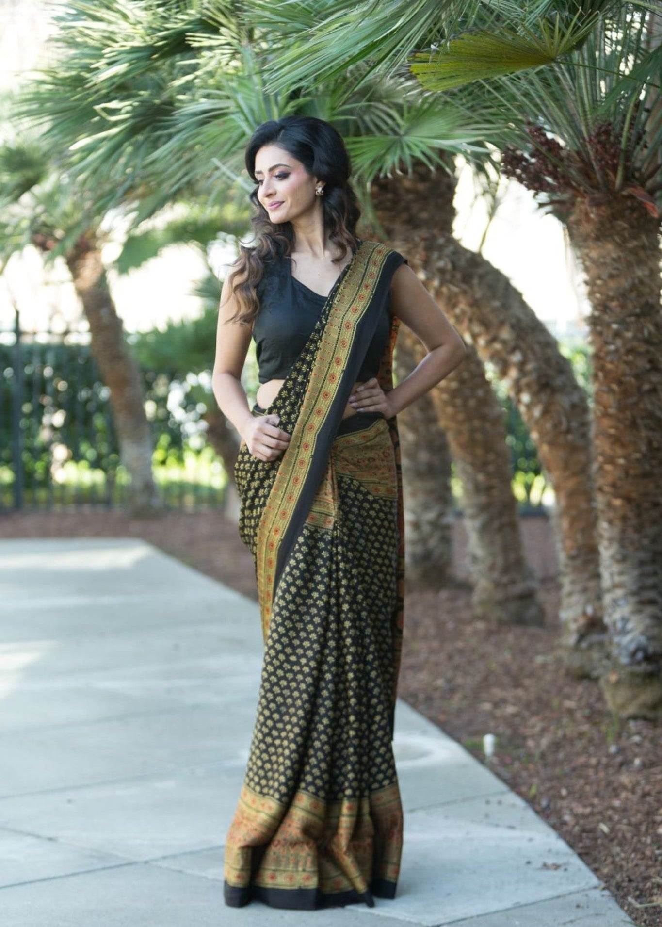 Printed Black Soft Ajrakh Saree - Anvi Couture