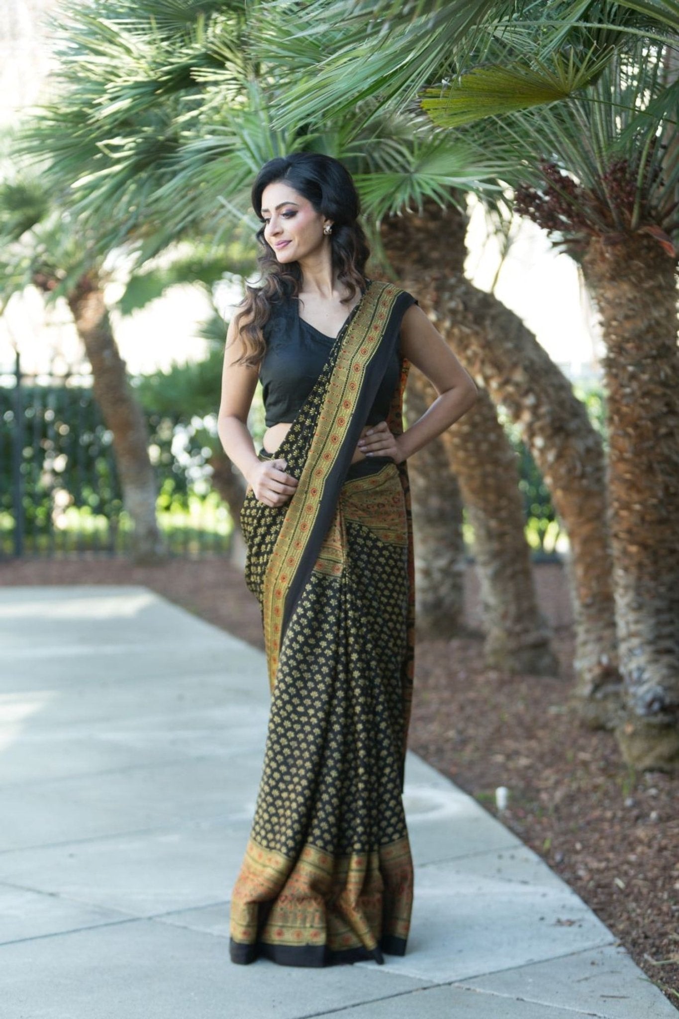 Printed Black Soft Ajrakh Saree - Anvi Couture