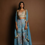 Blue Cape Set with Embroidered Crop Top and Printed Palazzo - Anvi Couture