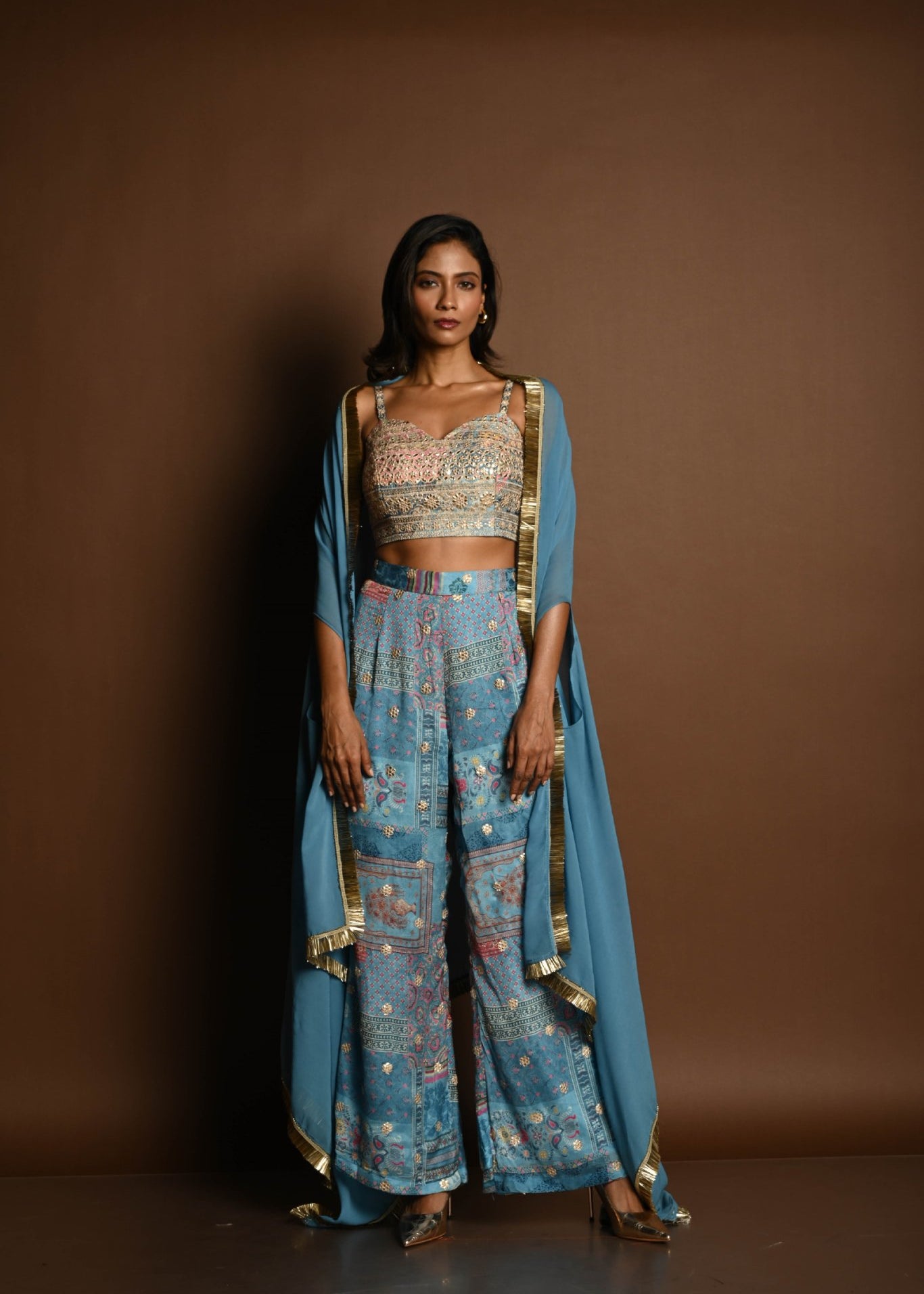 Blue Cape Set with Embroidered Crop Top and Printed Palazzo - Anvi Couture