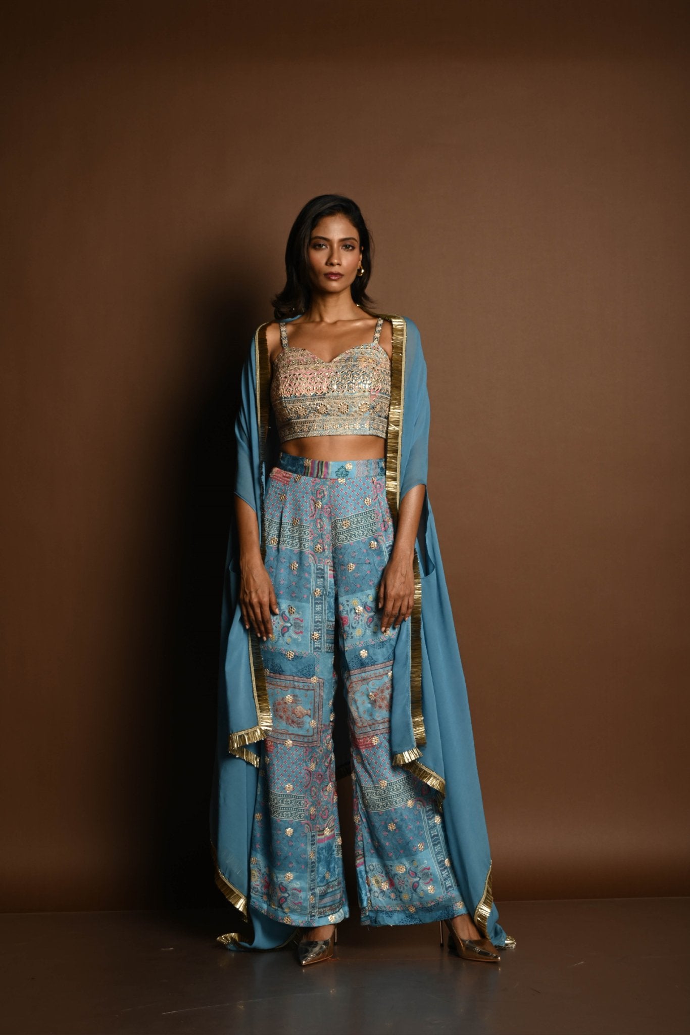 Blue Cape Set with Embroidered Crop Top and Printed Palazzo - Anvi Couture