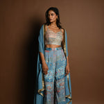 Blue Cape Set with Embroidered Crop Top and Printed Palazzo - Anvi Couture