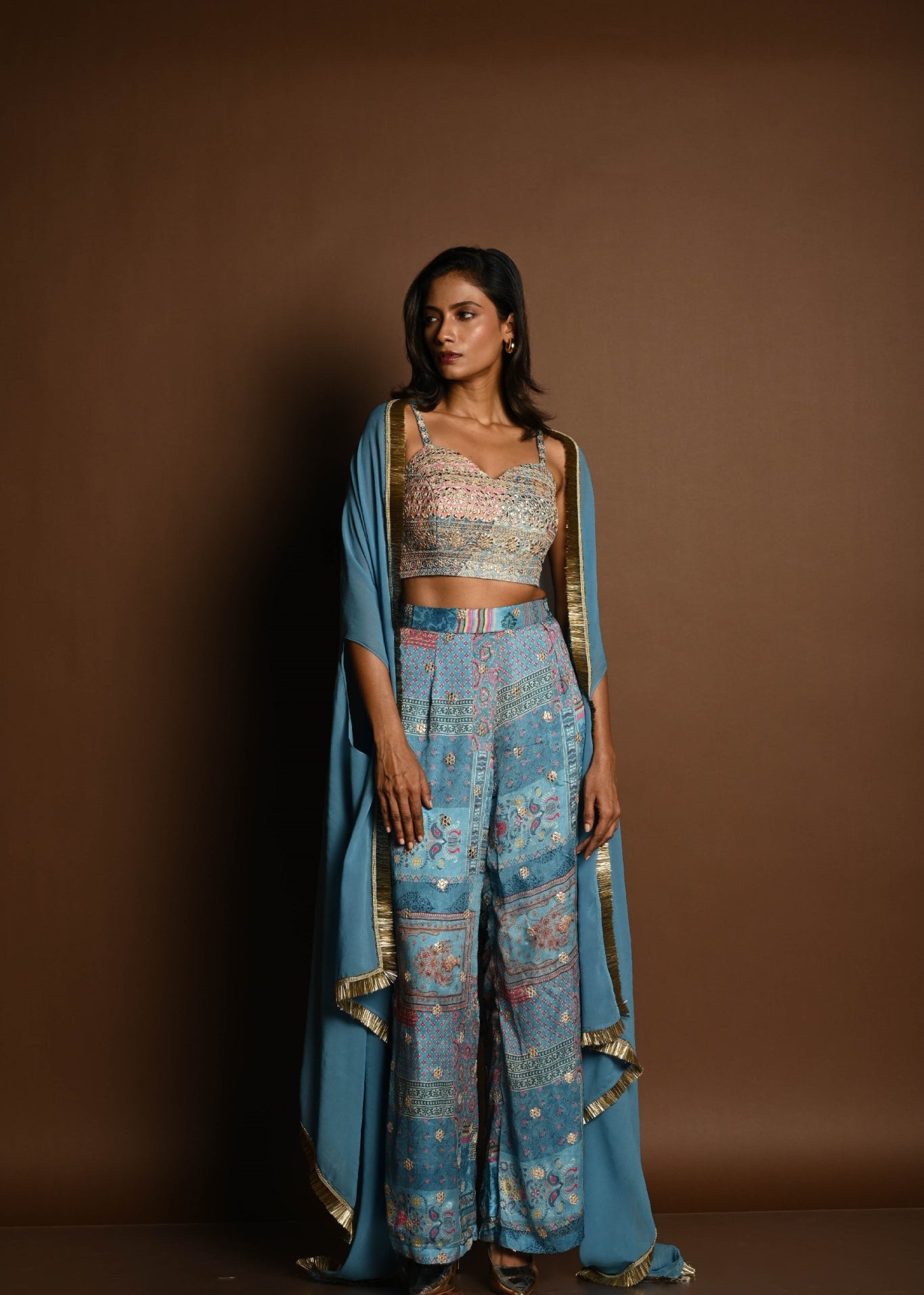 Blue Cape Set with Embroidered Crop Top and Printed Palazzo - Anvi Couture