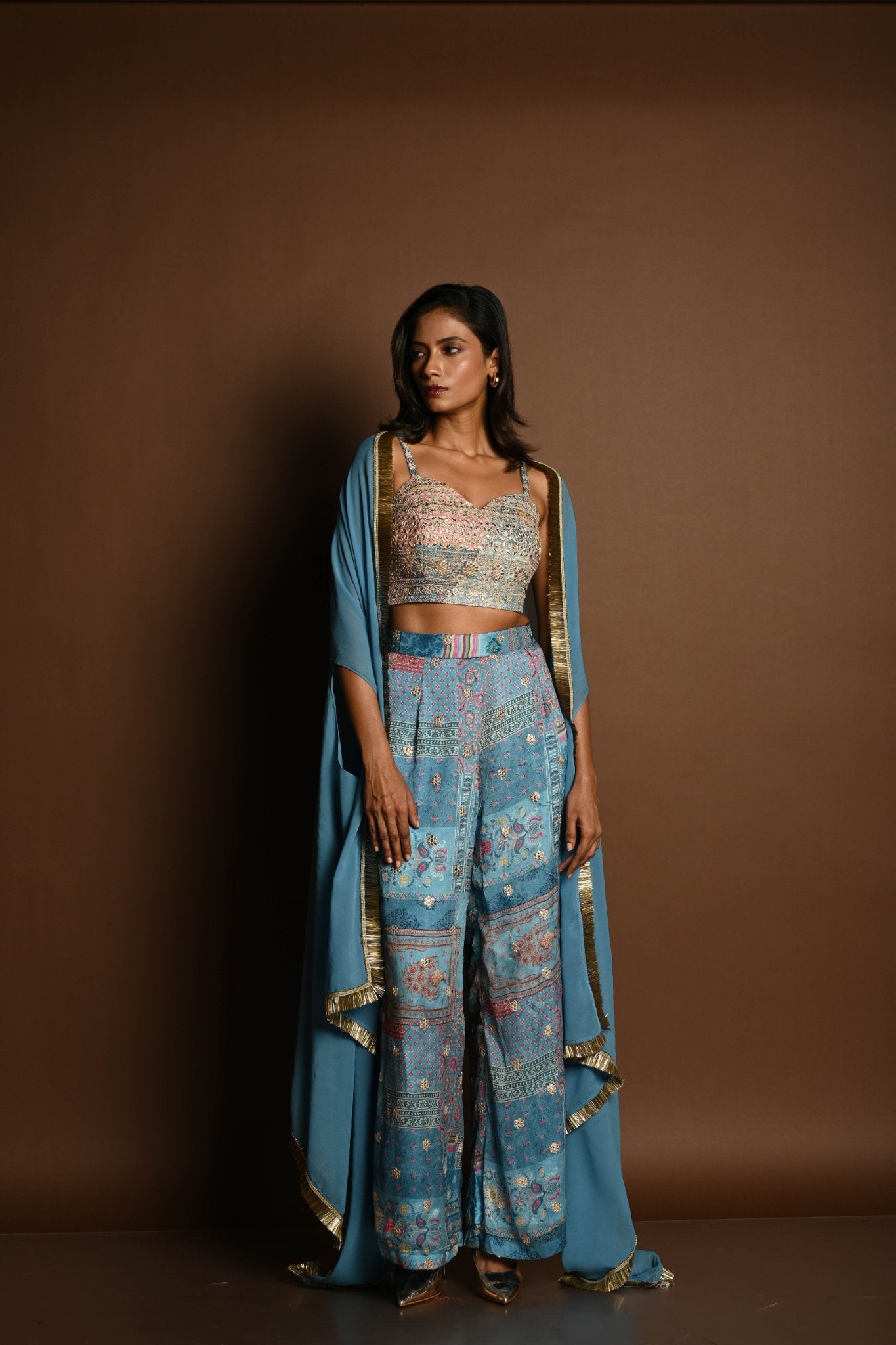 Blue Cape Set with Embroidered Crop Top and Printed Palazzo - Anvi Couture