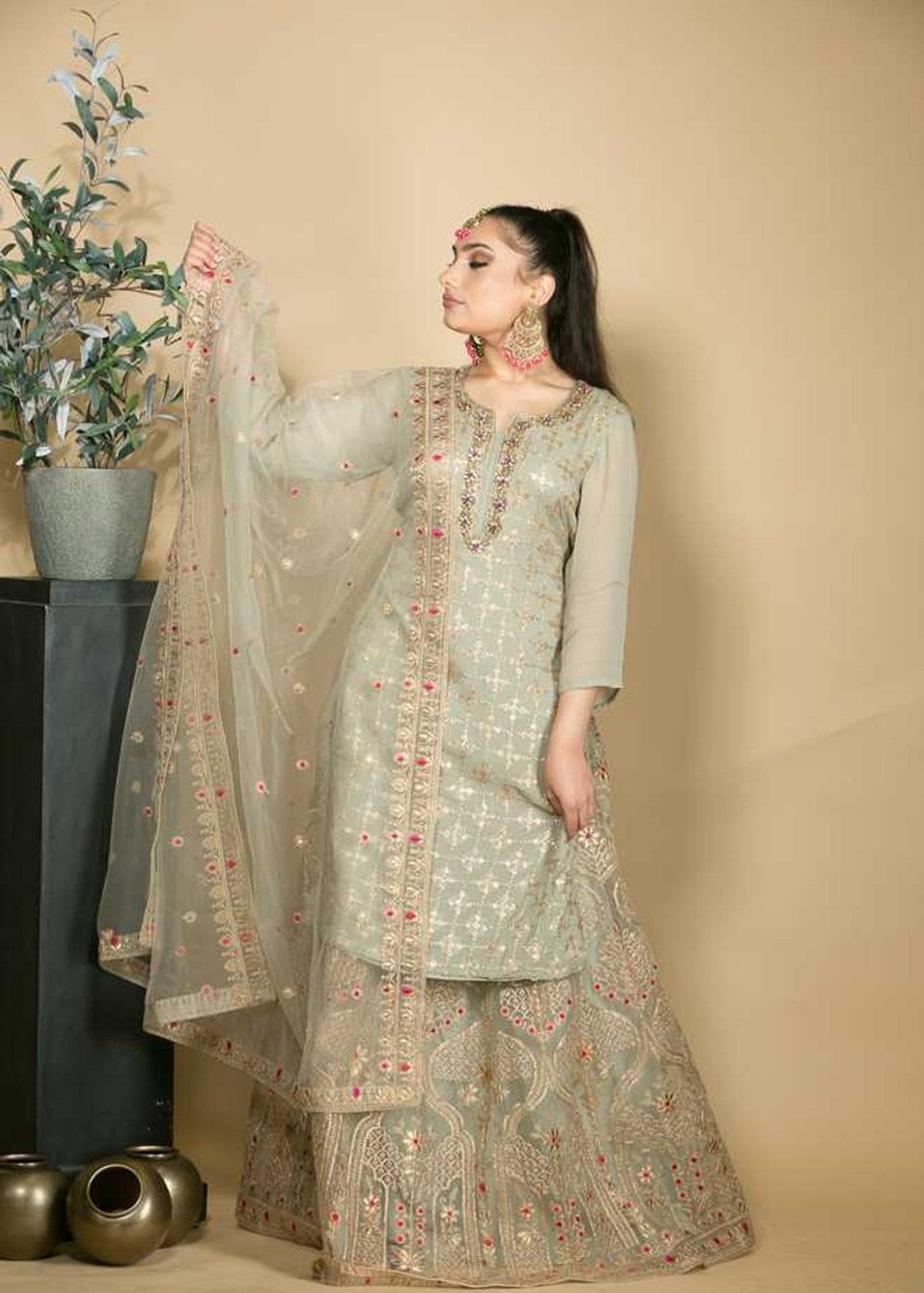 Georgette Grey Kurti with Skirt Set with Zardosi Work - Anvi Couture