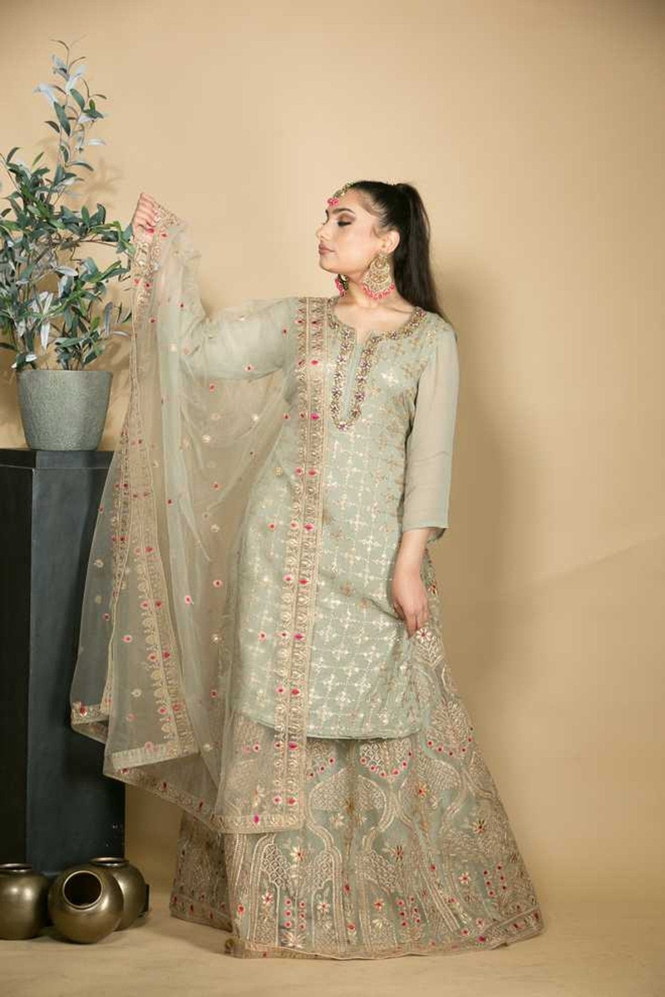 Georgette Grey Kurti with Skirt Set with Zardosi Work - Anvi Couture