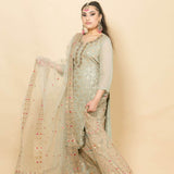 Georgette Grey Kurti with Skirt Set with Zardosi Work - Anvi Couture