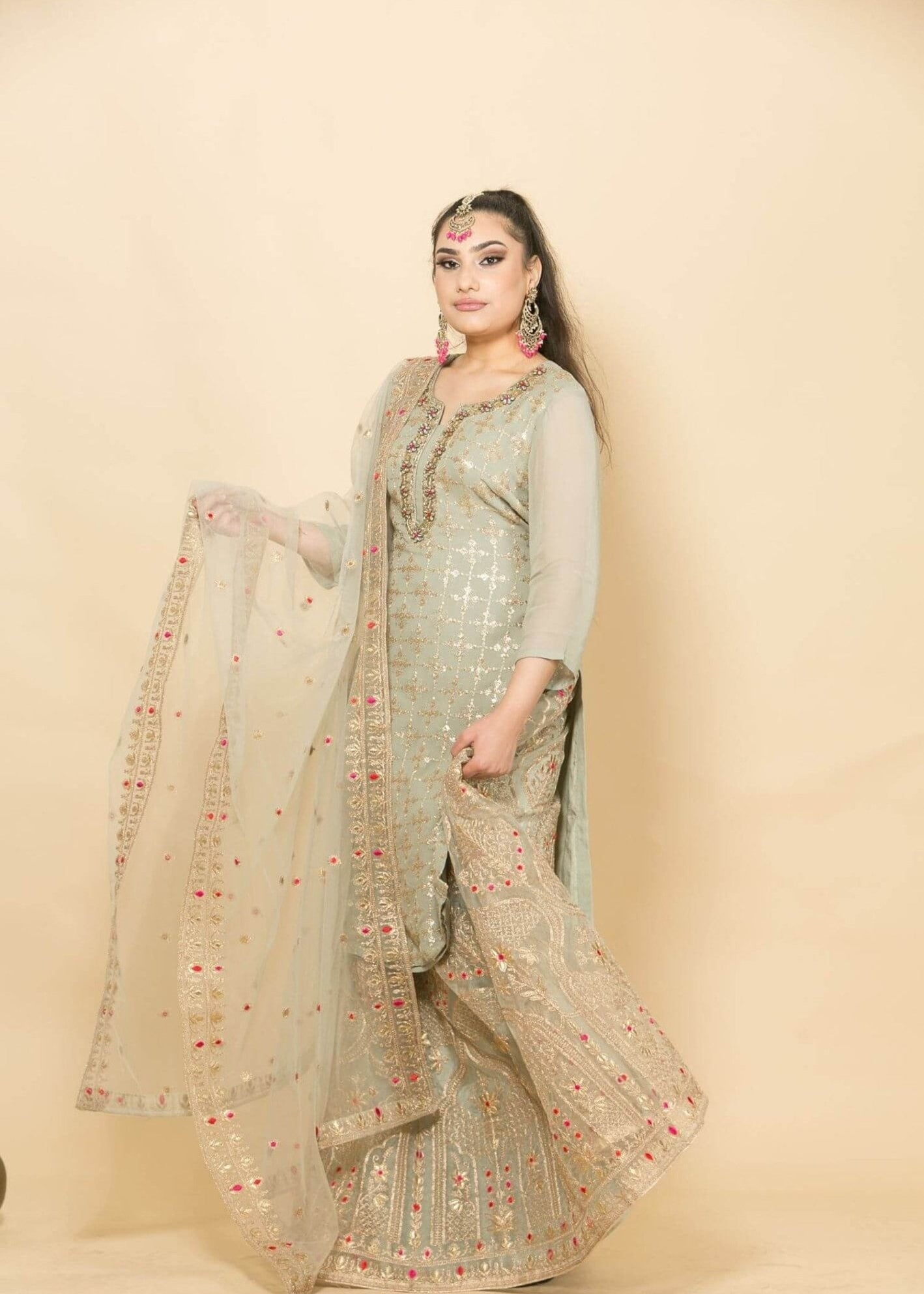 Georgette Grey Kurti with Skirt Set with Zardosi Work - Anvi Couture