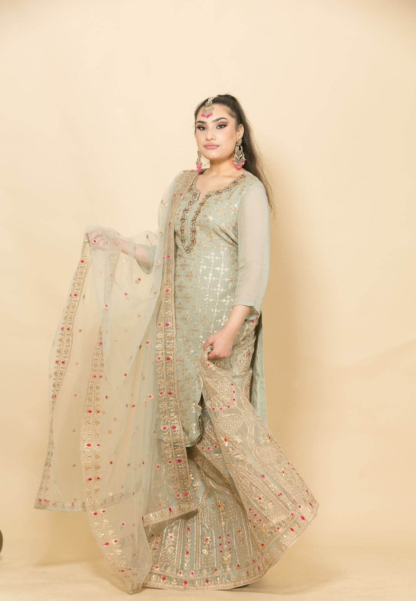 Georgette Grey Kurti with Skirt Set with Zardosi Work - Anvi Couture