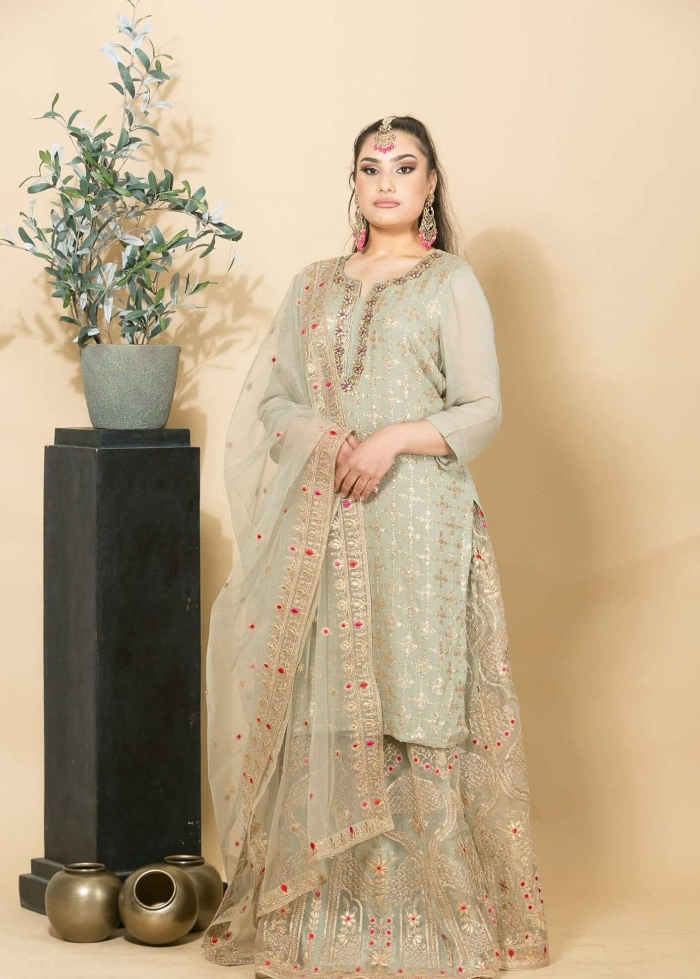 Georgette Grey Kurti with Skirt Set with Zardosi Work - Anvi Couture