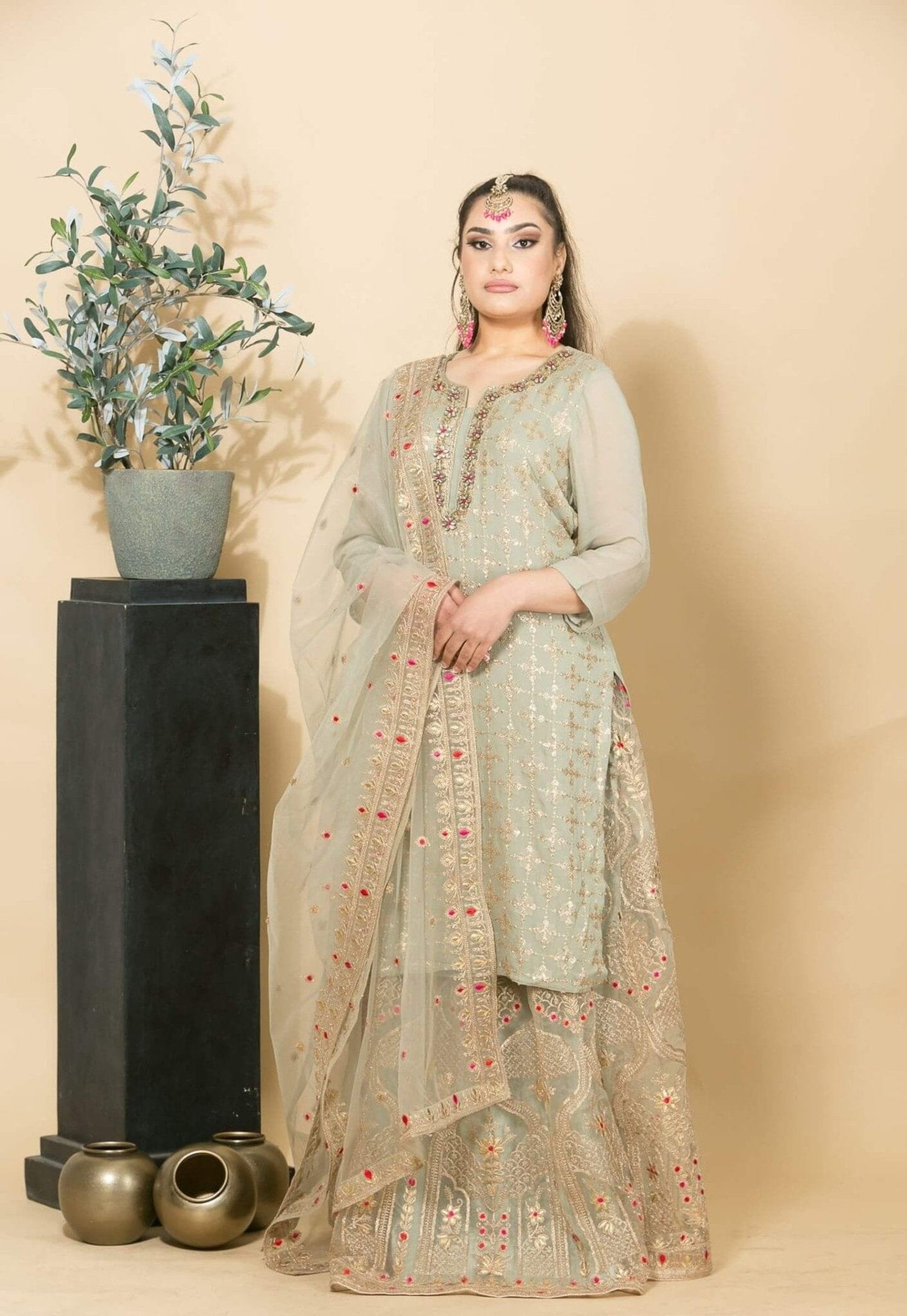 Georgette Grey Kurti with Skirt Set with Zardosi Work - Anvi Couture