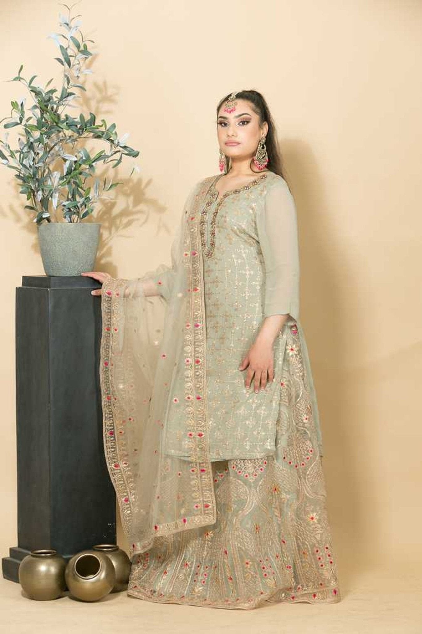 Georgette Grey Kurti with Skirt Set with Zardosi Work - Anvi Couture