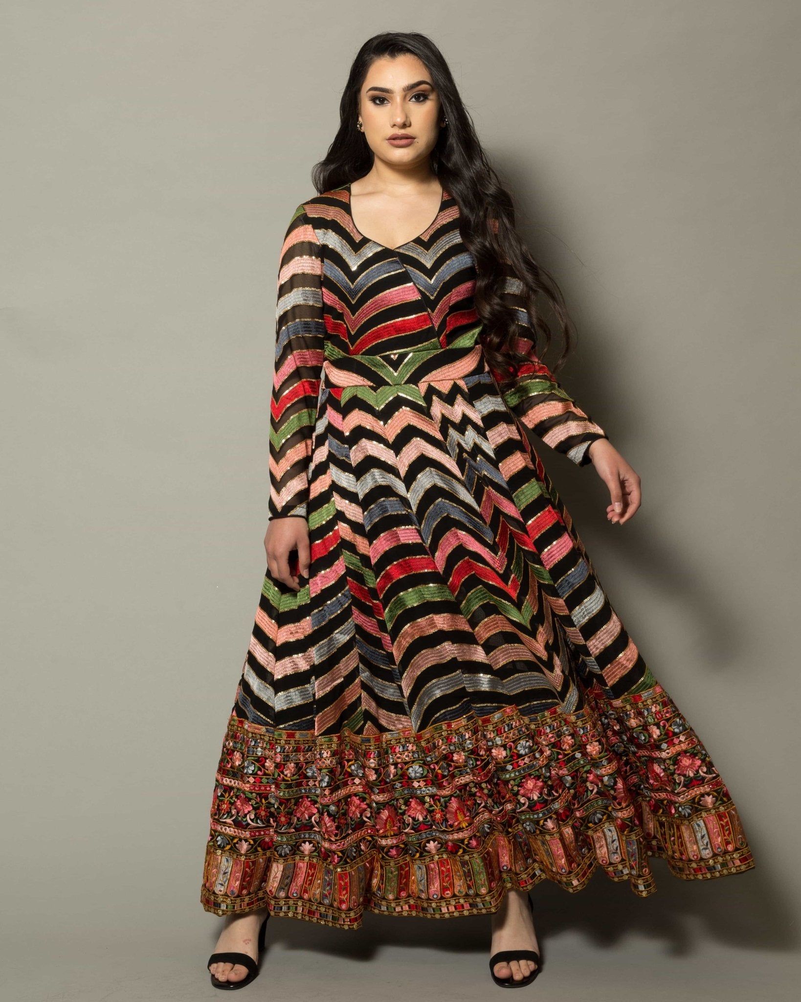 Georgette Multi-Color Designer Gown with Intricate Floral Embroidery - Anvi Couture