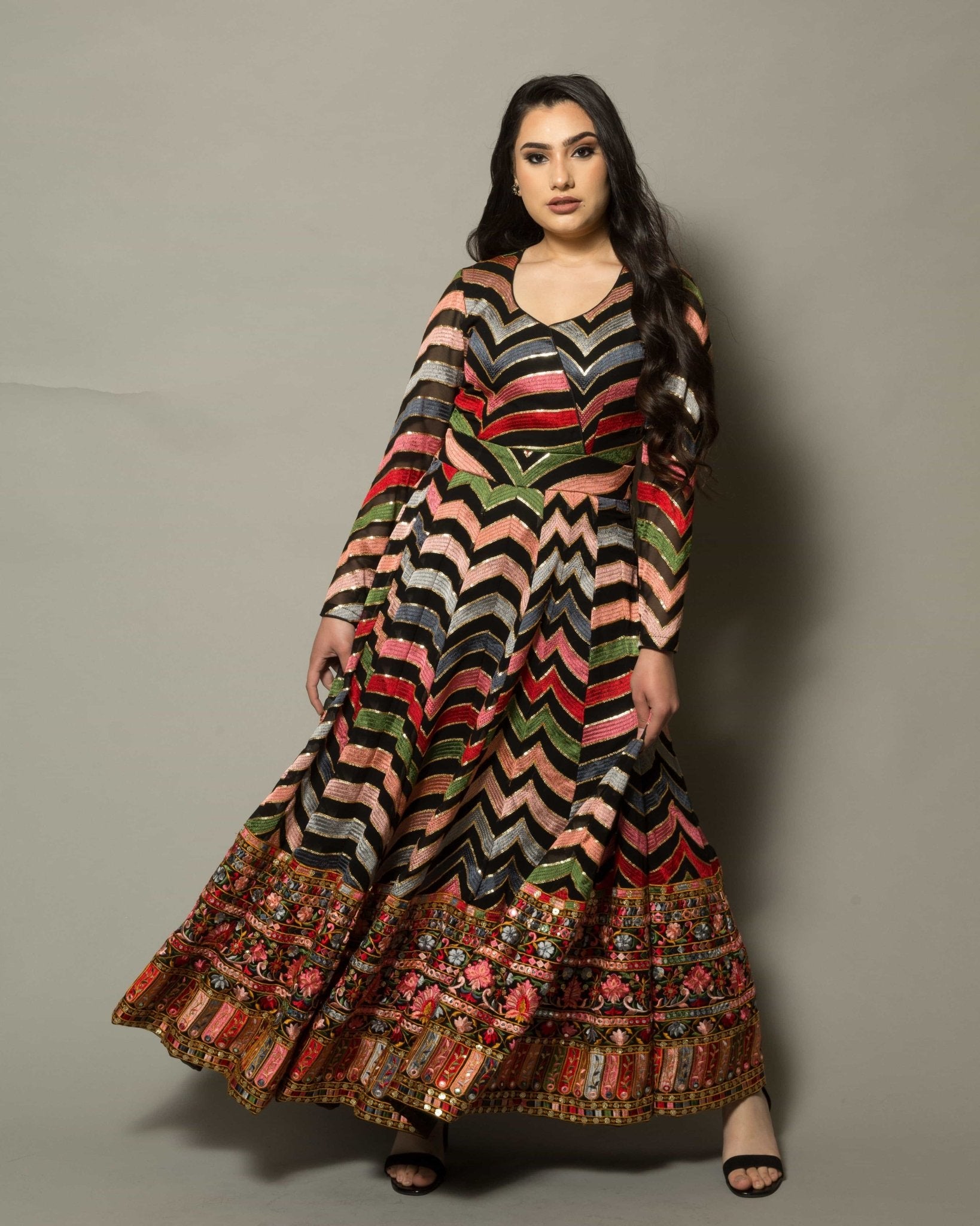 Georgette Multi-Color Designer Gown with Intricate Floral Embroidery - Anvi Couture