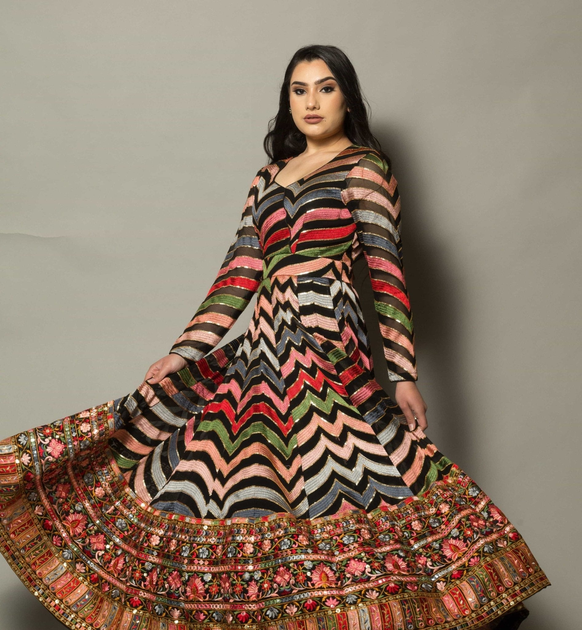 Georgette Multi-Color Designer Gown with Intricate Floral Embroidery - Anvi Couture
