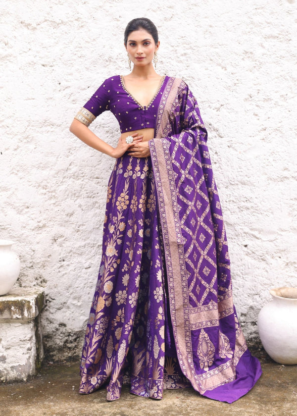Pure Silk Purple Banarasi Bridal Lehenga With Embroidered Choli - Anvi Couture