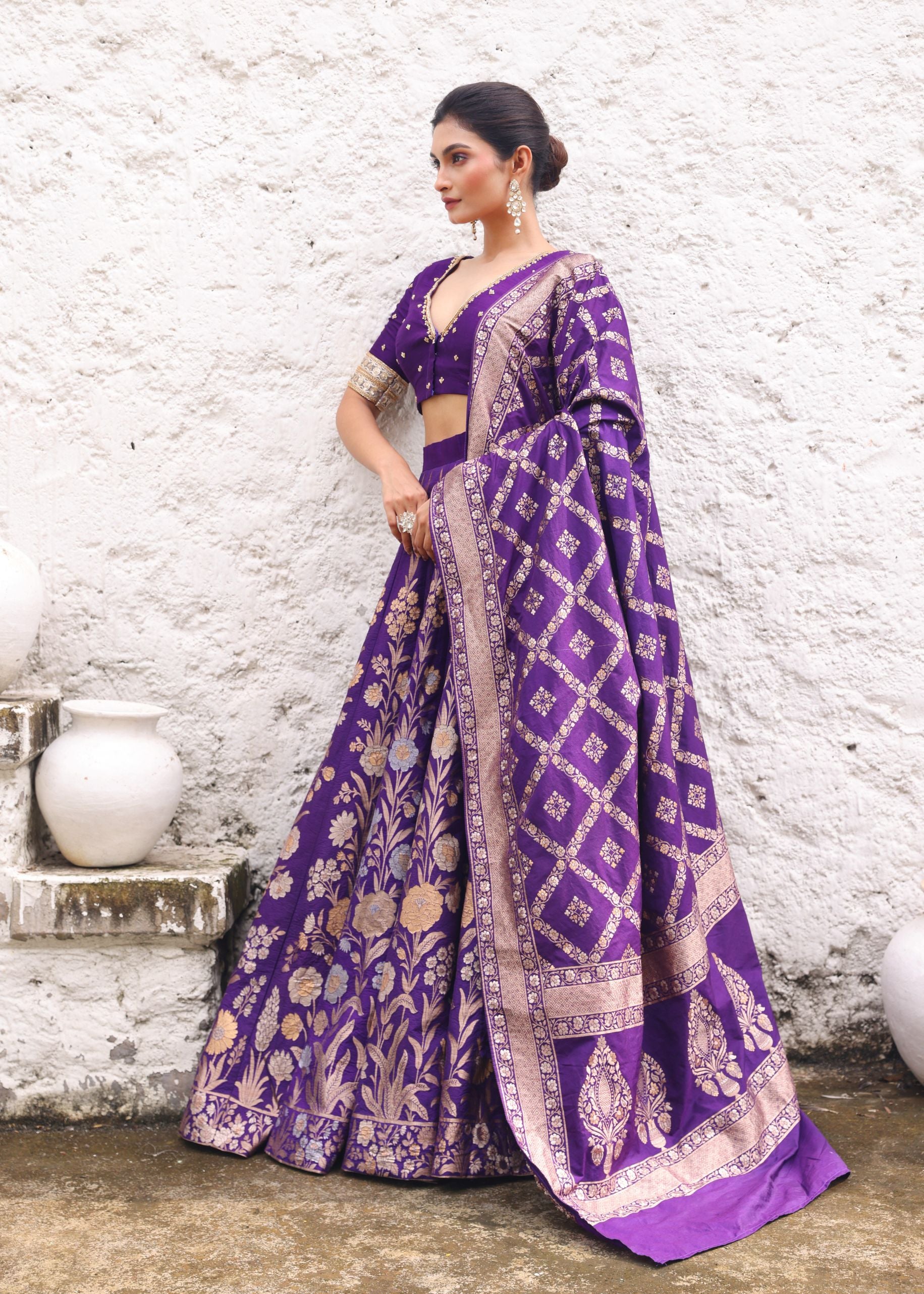 Pure Silk Purple Banarasi Bridal Lehenga With Embroidered Choli front